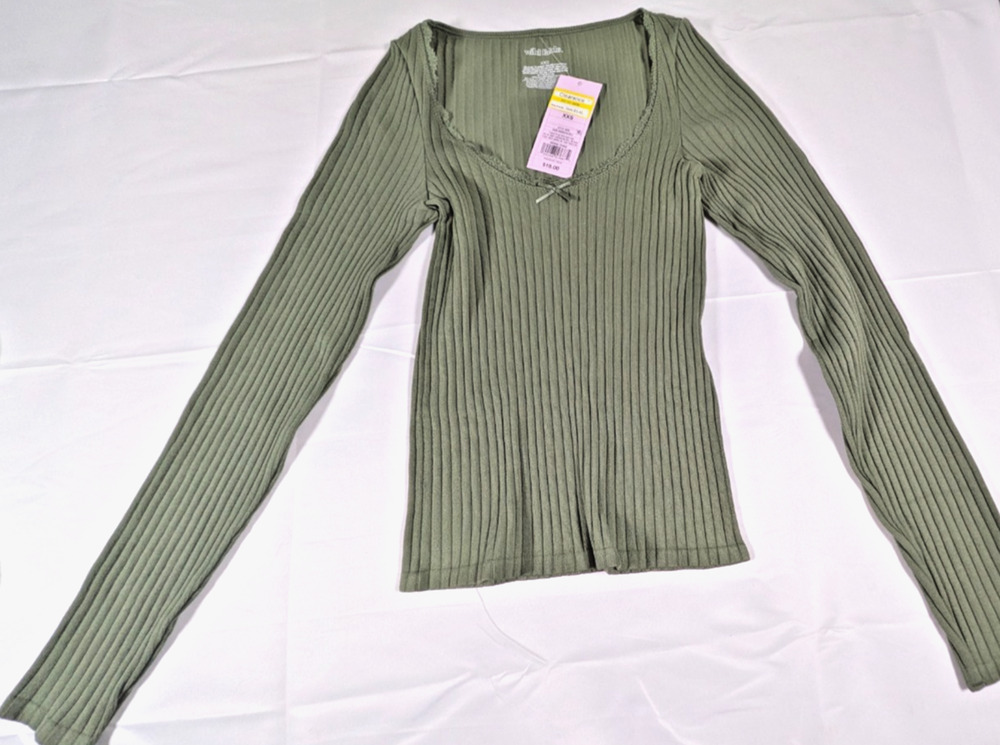 Wild Fable Top Olive Green Ribbed Long Sleeve Lace Trim Bow XXS NWT